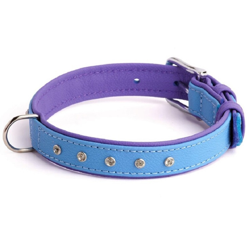 Нашийник з м'якої шкіри зі стразами 16 мм 260-310мм фіолетово-блакитний 8812/17-9 KARELINE, фото 1