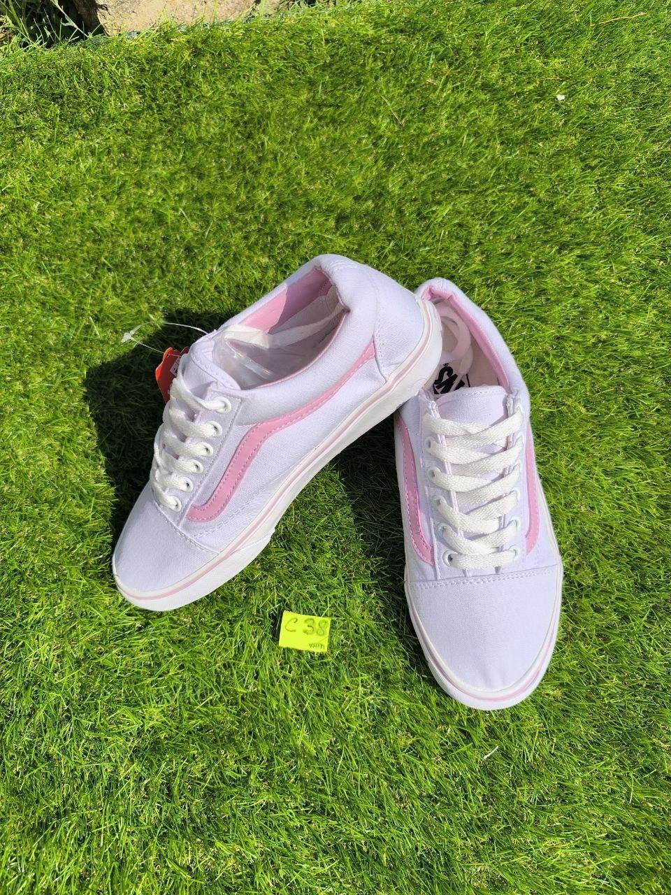 СКИДКА 38 р Білі тканинні кеди VANS white/Pink з рожевою смугою жіночі текстильні весна-літа