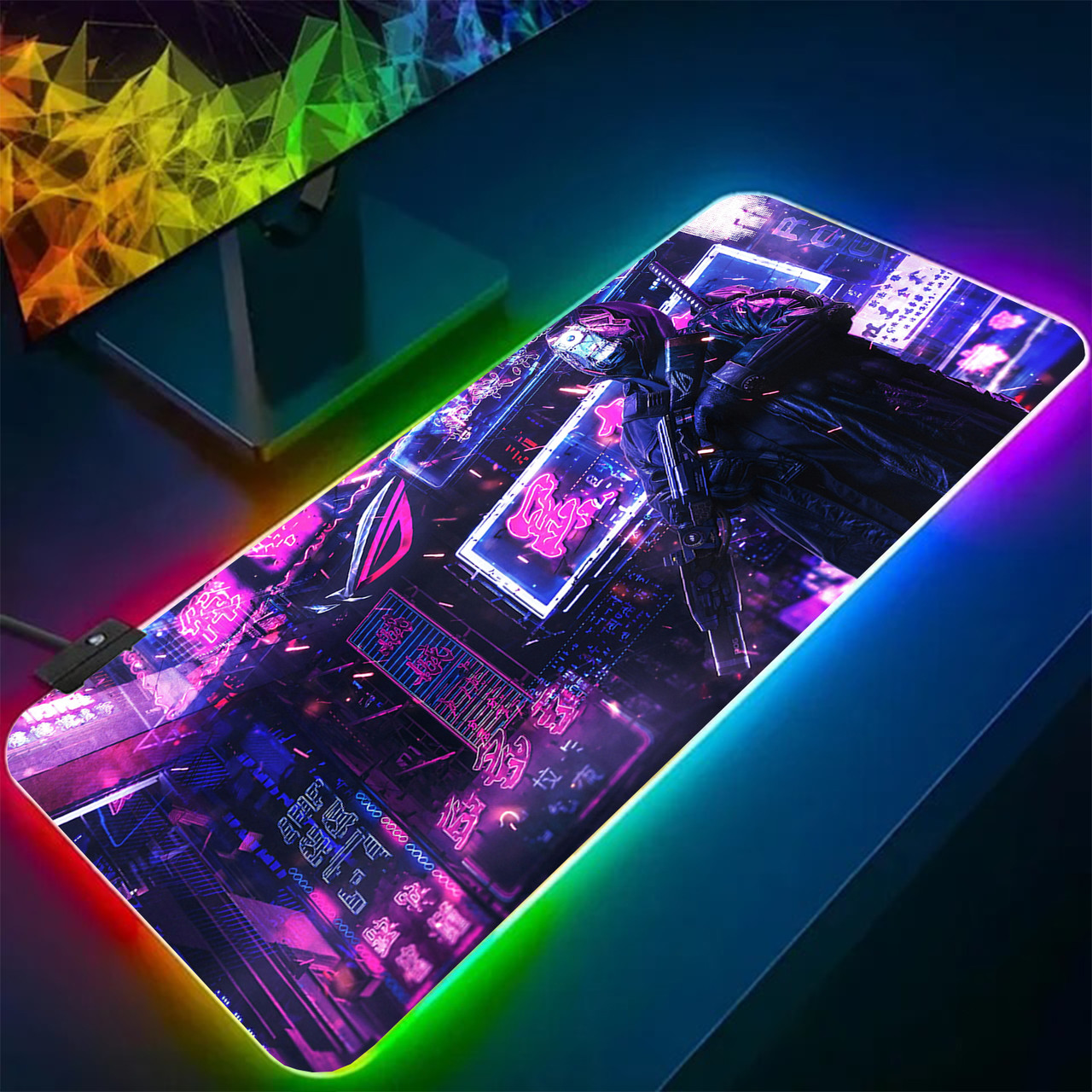 Великий світний килимок для комп'ютерної миші та клавіатури Cyberpunk 80х30х4 зі світлодіодною RGB-підсвіткою