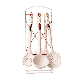 Набір кухонного приладдя на підставці 6 штук білий мармур