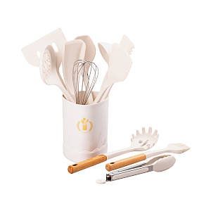 Набір кухонного силіконового приладдя з дерев'яною ручкою на підставці 12 штук білий