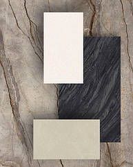 Модное сочетание керамогранита для дизайна помещений. Три абсолютно разных эффекта камня: мрамор Grande Stone Look Silver, черный мрамор Bahia Black и бежевый известняк Mystone Berici Grigio смотрятся более современно с керамогранитом Cementum Ash.