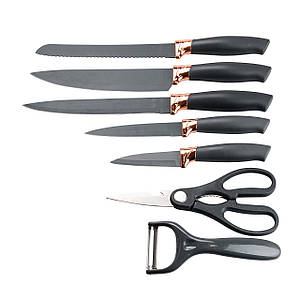 Набір кухонних ножів 5 штук з ножицями та овочечисткою на підставці 7 предметів Чорний