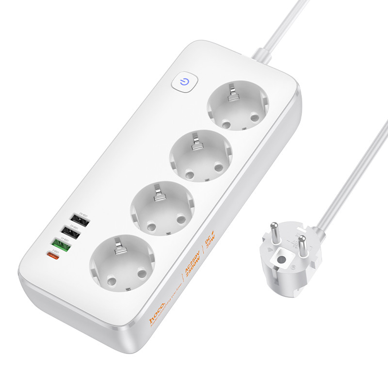 Подовжувач мережевий переноска 1.5 метра HOCO AC22 на 4 розетки |3USB/1Type-C, PD30W/1C3A| Білий