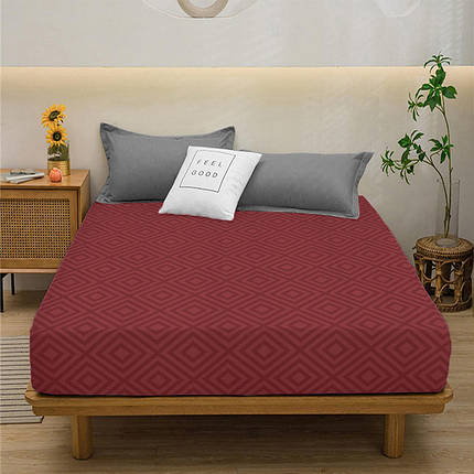 Захисне натяжне простирадло з бязі на гумці двоспальне (160*200*25) бавовняне однотонне бордовий ромб, фото 1