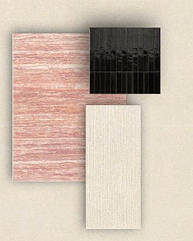 Микс кафеля для модного дизайна кухни. Розовый TRAVERTINO ROSSO с крупными прожилками сочетается с нейтральным BERICI GRIGIO и создает кухонный остров. А блестящий, рифленый, с неровными краями, черный Crogiolo Luz имитирует плитку ручную работы.