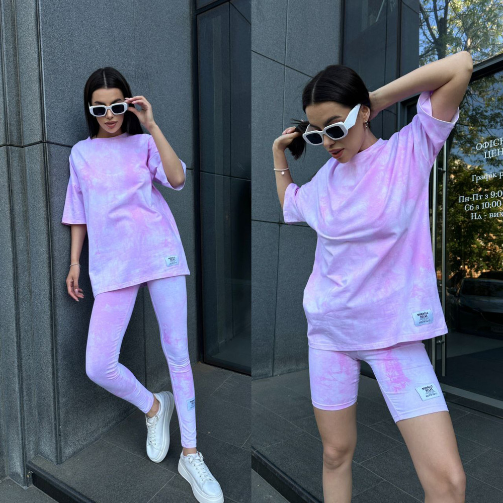 Жіночий трикотажний костюм трійка Футболка Oversize Велосипедки Лосини