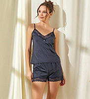 Піжама жіноча топ+шорти з мереживом Caroline темно-синя