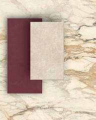 Керамогранит для кухонной столешницы 324x162см Vena Vecchia с прожилками редкого сорта мрамора. Сатиновый глубокого бордового цвета RESIN LOOK VINACCIA 120×278см ляжет на стену без подрезки. На пол уместна Нейтральная плитка GRANDE STONE LOOK LIMES