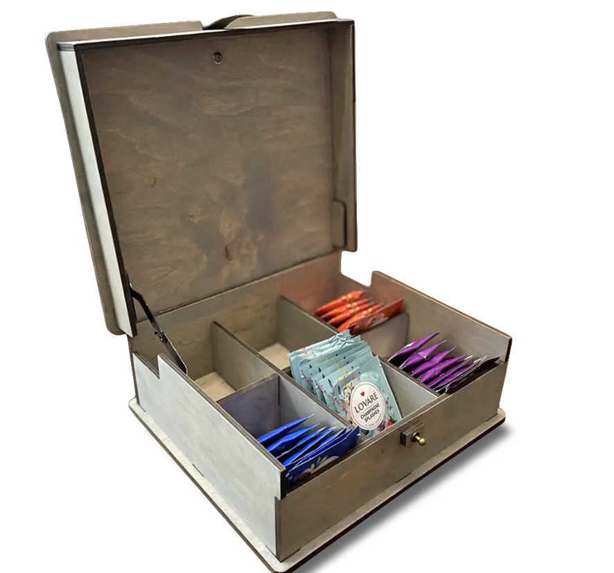 Шкатулка для чаю (6 видів чаю) 24х24х10 см, колір сірий