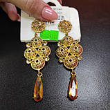 Жіночі довгі сережки золотисте покриття з камінням, фото 3