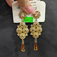 Жіночі довгі сережки золотисте покриття з камінням