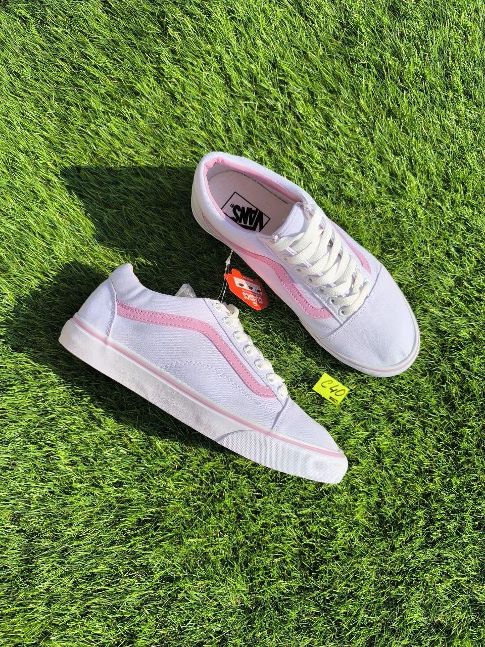 СКИДКА 40 р Білі тканинні кеди VANS white/Pink з рожевою смугою жіночі текстильні весна-літа