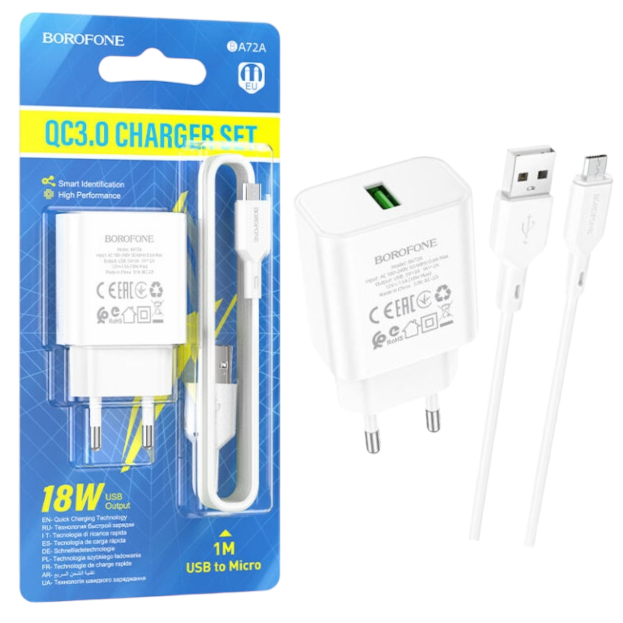 МЗП Borofone BA72A QC3.0 (1USB/18W) + Micro білий, зарядний пристрій для телефону, фото 1