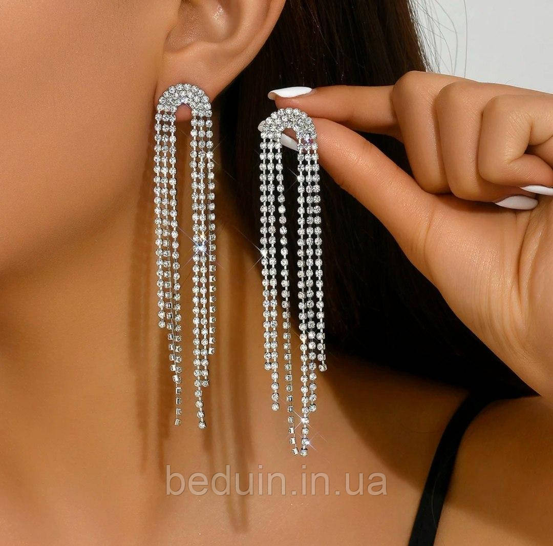 Блискучі довгі сережки висувки зі стразів "Дощ" — сріблясті Aushal JEWELRY