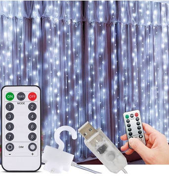 Гірлянда штора крапля роси Sun Lamp 3х3 метри 300 LED з пультом і USB живленням, біле світло