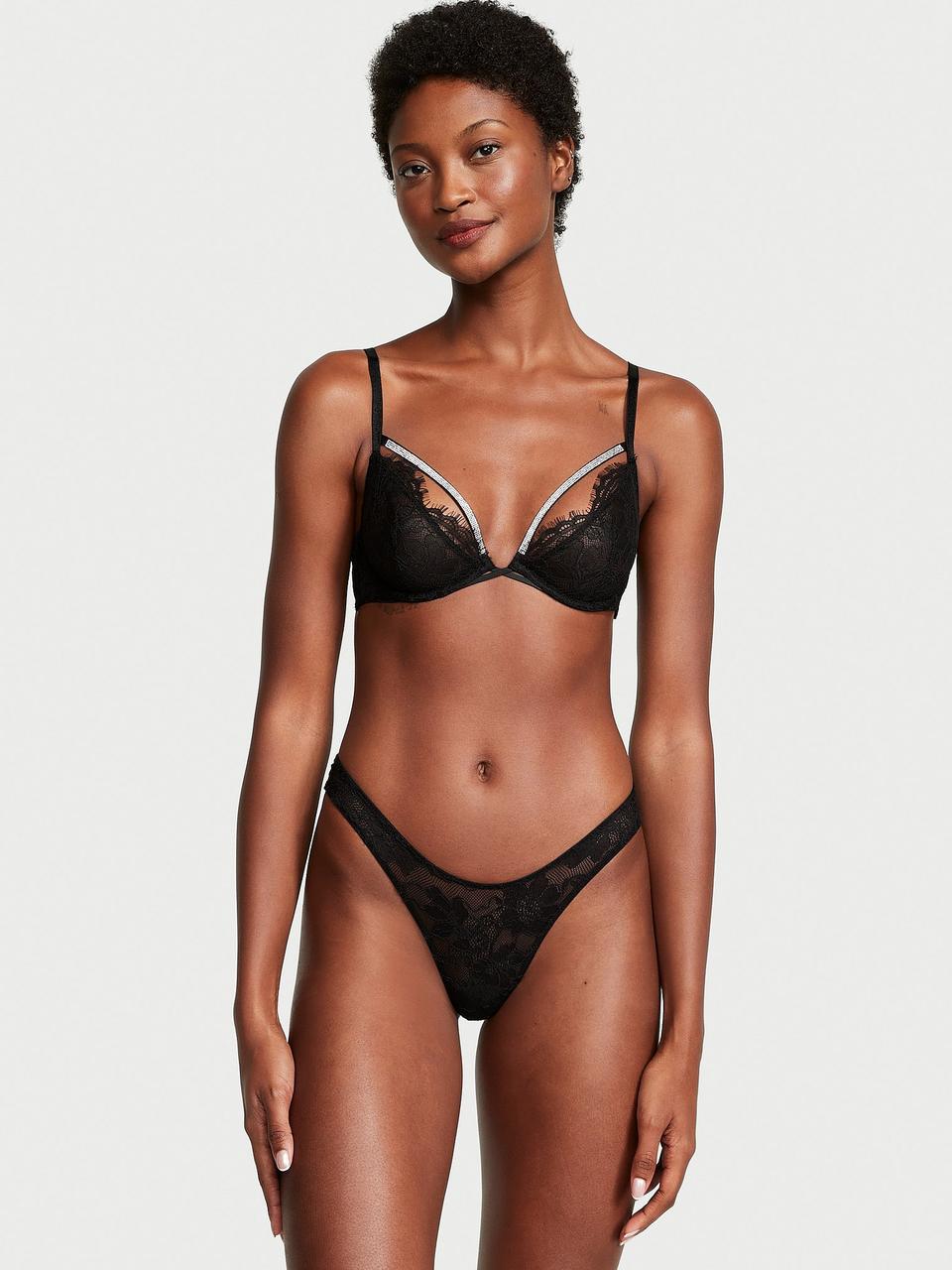 Комплект білизни зі стразами Victoria's Secret Unlined Lace Shine Strap Мереживний, Черный