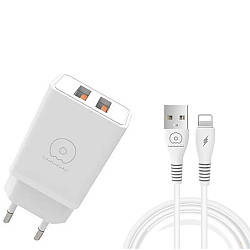 Зарядний пристрій WUW-T55 Dual USB 3.1A, Lightning (біле)