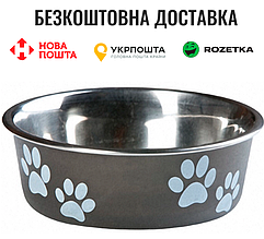 Миска Flamingo Bella для собак, нержавіюча сталь, чорний, з малюнком лап 12х12х4,5 см