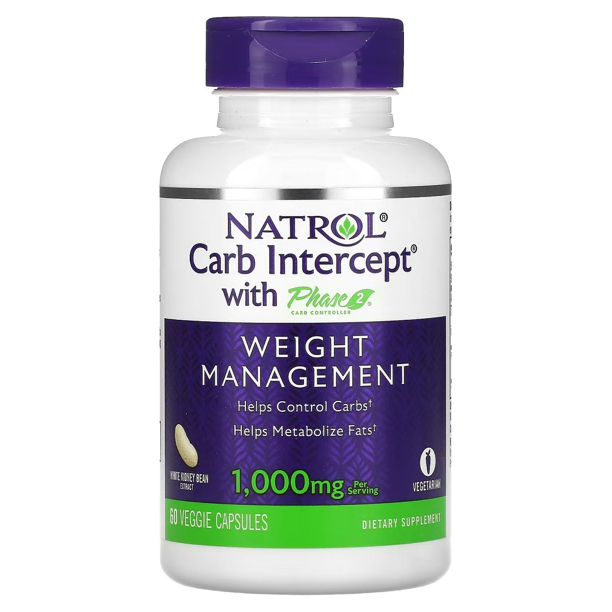Регулятор вуглеводів, Біла квасоля фаза 2, 1000 мг, Carb Intercept with Phase 2 Carb Controller, Natrol, 60