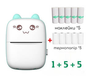 Портативний міні принтер , термопринтер для наклейок. Принтер котик + 5 терморулонів + 5 наклейок. Блакитний