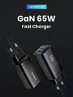 Asometech GaN 65W Зарядний пристрій 1USB+2Type-C Fast Charger Black