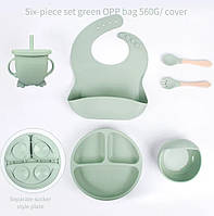 Набір дитячого силіконового посуду тарілка, слинявчик, тарілка для супу, ложка, виделка, поїльник