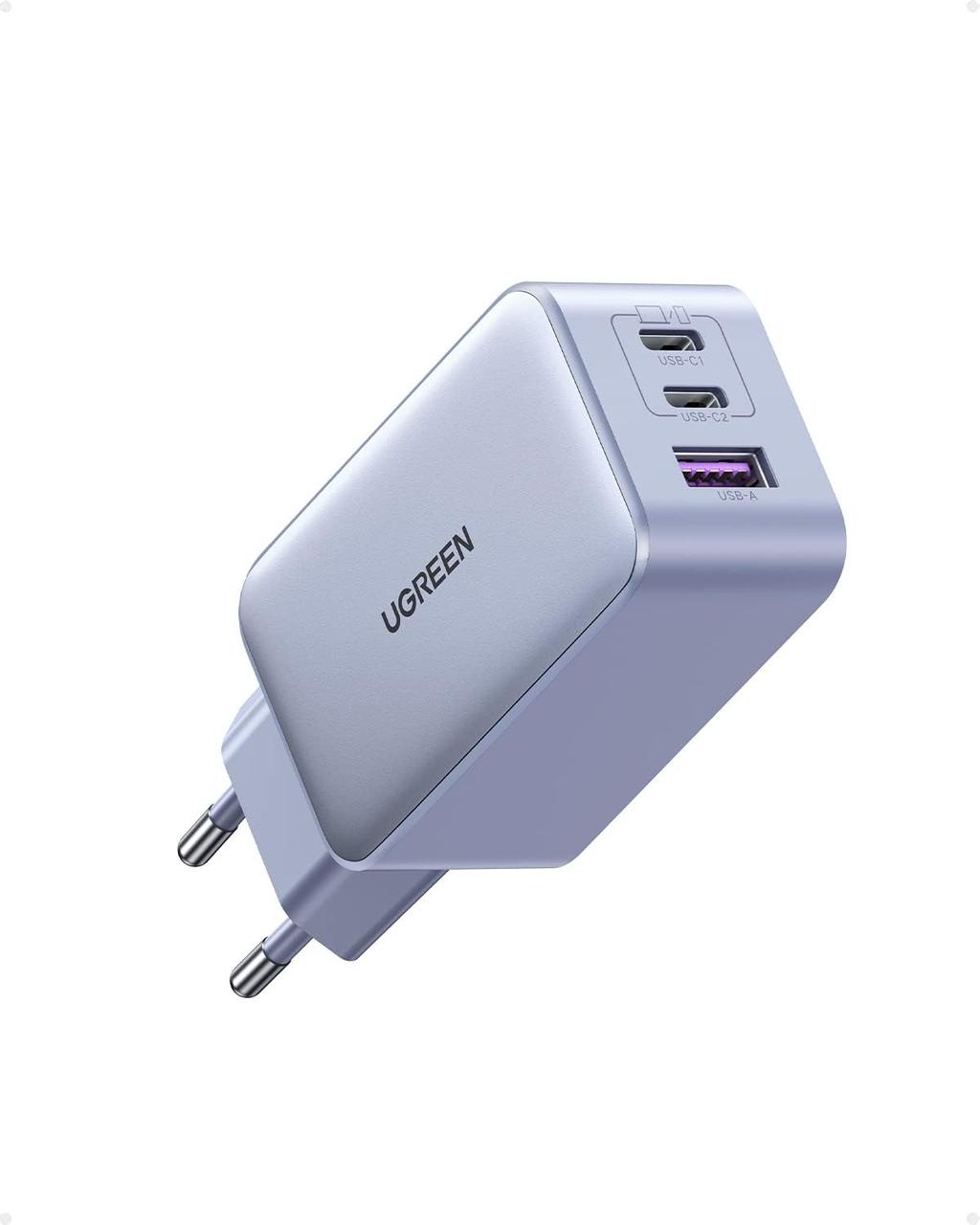 Зарядний пристрій Ugreen GaN 65 Вт високошвидкісний з 3 портами 2xUSB-C 1xUSB-A Blue (CD244)