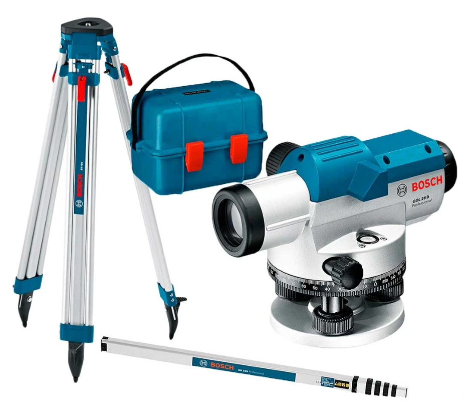 Оптичний нівелір Bosch Professional GOL 26 D у кейсі зі штативом BT 160, рейкою GR 500