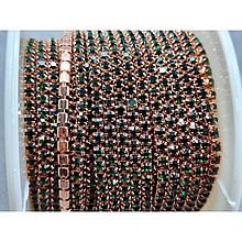 Стразовий ланцюг SS6 (2мм) темно-зелений в металі рожеве золото (10ярдів)