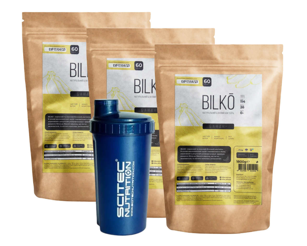 Схуднення та енергія: Білковий Коктейль Bilko 3x1,8 кг смак банан + Шейкер, фото 1