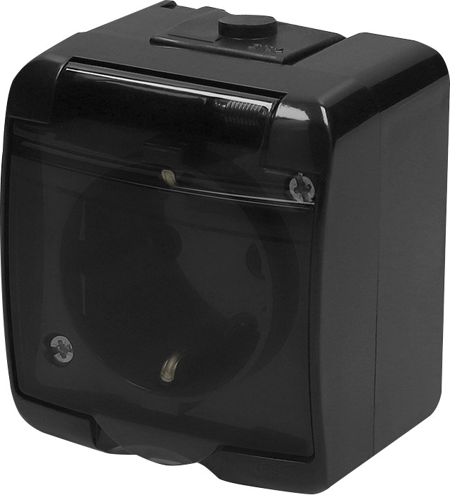 Розетка Schuko 1-на з заземленням ETI RHE-1sd-BL, IP54, чорна/прозора