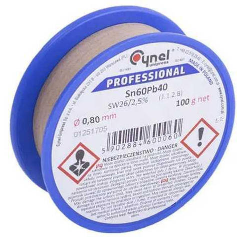 Низькотемпературний припій Cynel Sn60Pb40-SW26, діам.-0,8мм, 100г катушка, фото 1