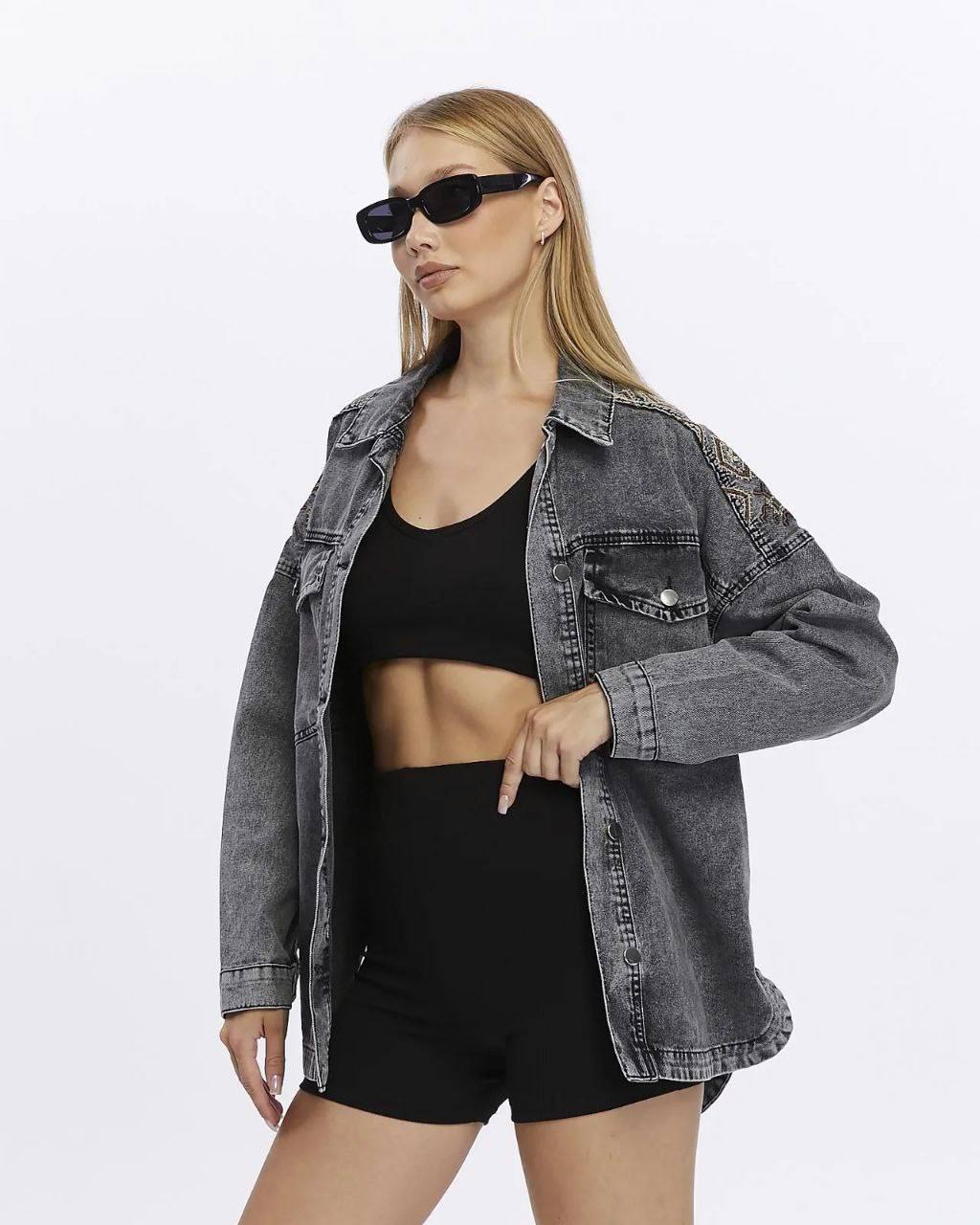 Джинсова куртка-сорочка з вишивкою, фото 1