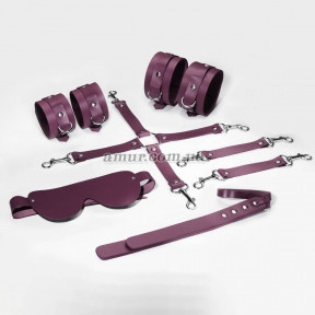 Набір Feral Feelings BDSM Kit 5, фіолетовий, наручники, поножи, хрестовина, маска, паддл