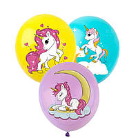 Кулі повітряні різнокольорові асорті з малюнком Єдиноріг набір 3 шт 12» 30 см Китай односторонній друк