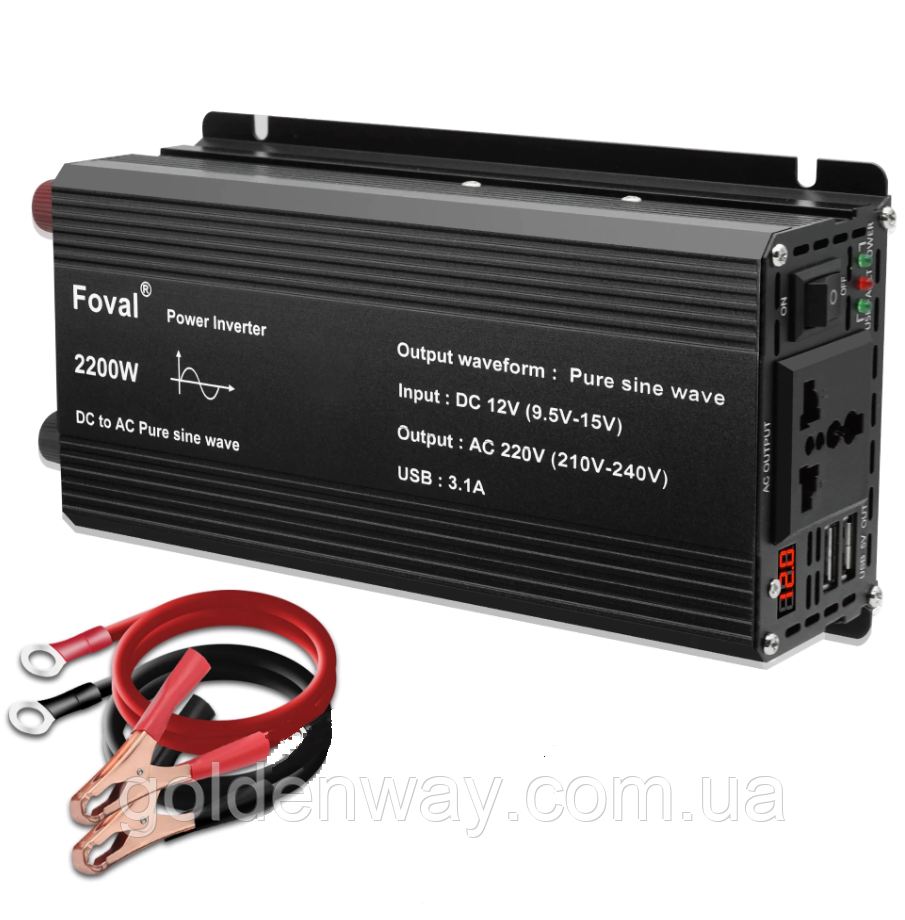 Автомобільний перетворювач напруги інвертор Foval з 12 V на 220 V AC/DC 2200 W 2200 Вт Чистистий СИНУС