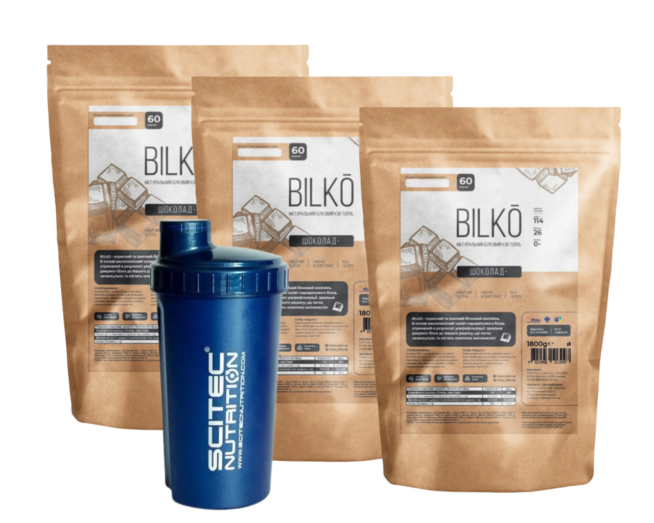 Комплекс для стрункості: Натуральний Білковий Коктейль Bilko 3x1,8 кг зі смаком Шоколад + Шейкер, фото 1