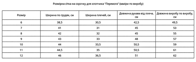 Таблиця розмірів Вишиванка Перемога для хлопчика