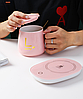 Чашка керамічна ніжно-рожева з підставкою - підігрівом та ложечкою в подарунковій упаковці, фото 4