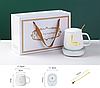 Чашка керамічна біла з підставкою - підігрівом і ложечкою у подарунковій упаковці-пакеті, фото 9