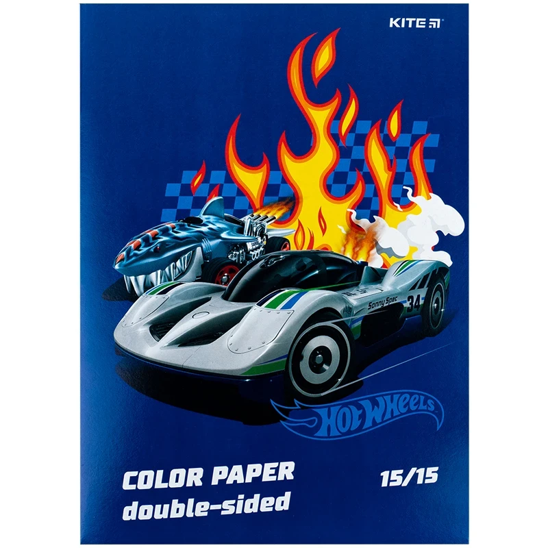 Набір кольорового двостороннього паперу Kite Hot Wheels 15 кольорів А4 HW24-250, фото 1