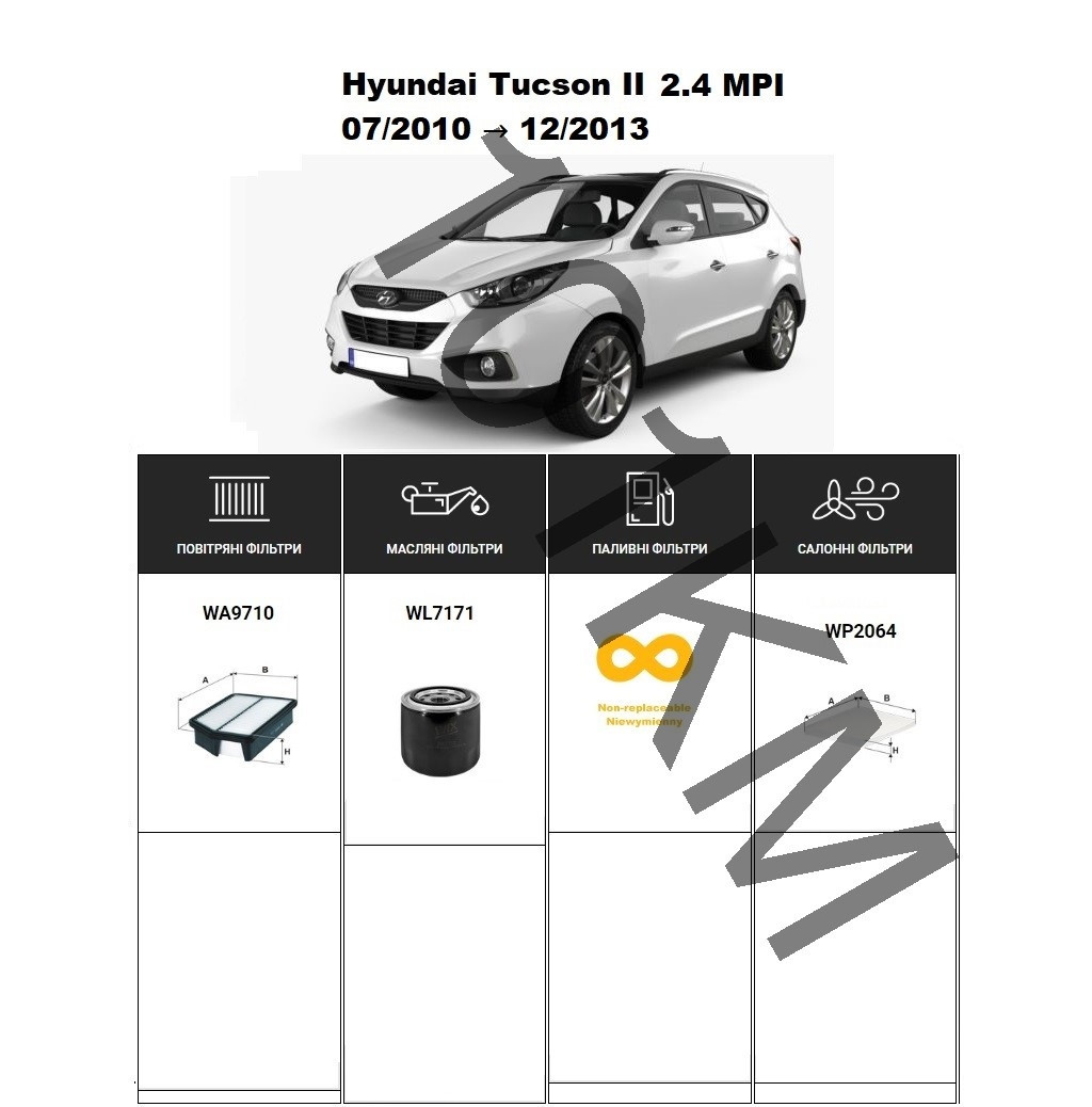 Комплект фільтрів Hyundai Tucson II 2.4 MPI (2010-2013) WIX