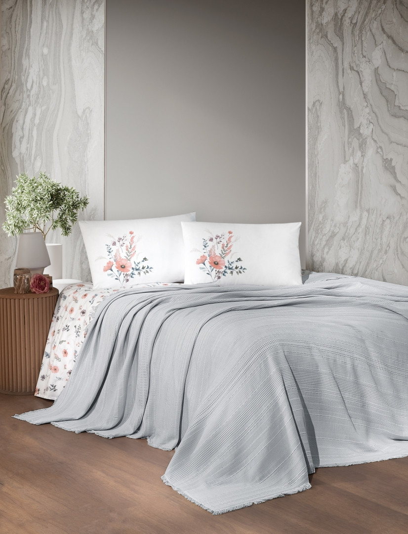 Постільна білизна з літнім покривалом з бахромою First choice Sole Pique Grey, фото 1