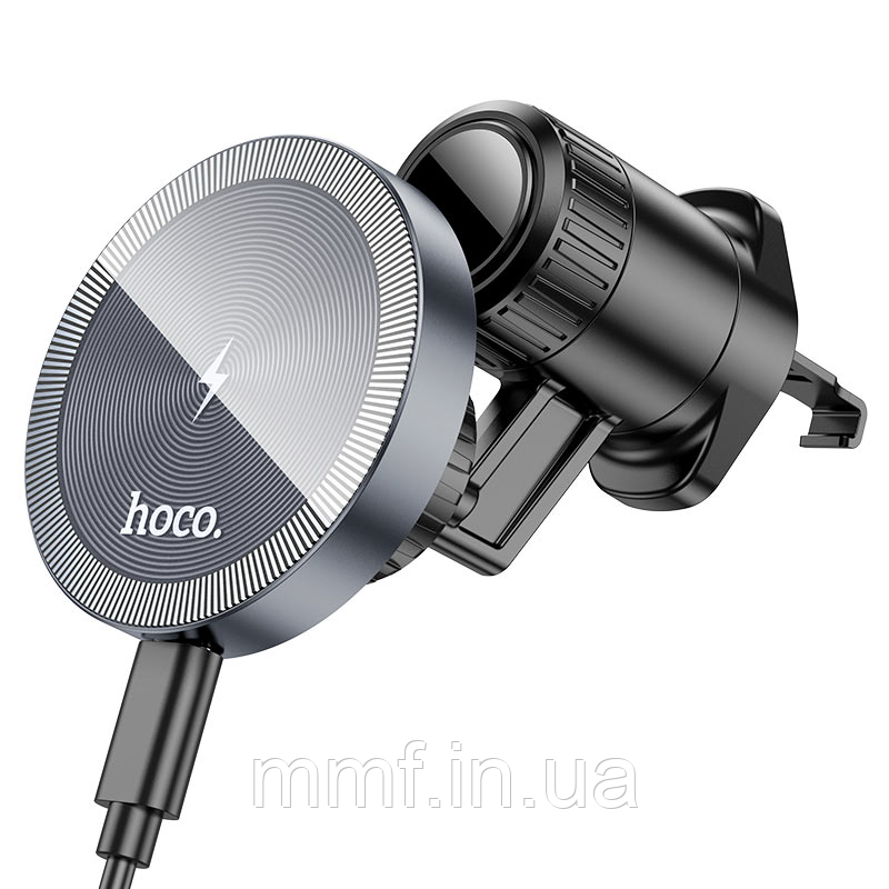 Автотримач HOCO HW6 Vision metal magnetic wireless fast charging car holder / black metal gray