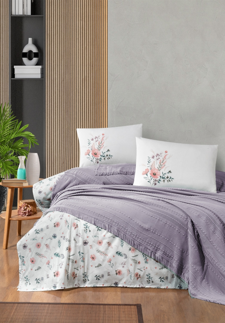Постільна білизна з літнім покривалом з бахромою First choice Sole Pique Lilac, фото 1