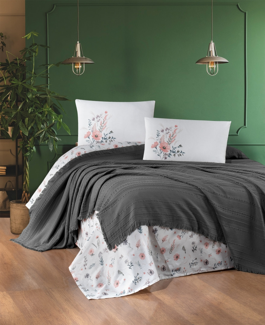 Постільна білизна з літнім покривалом з бахромою First choice Sole Pique Anthracite