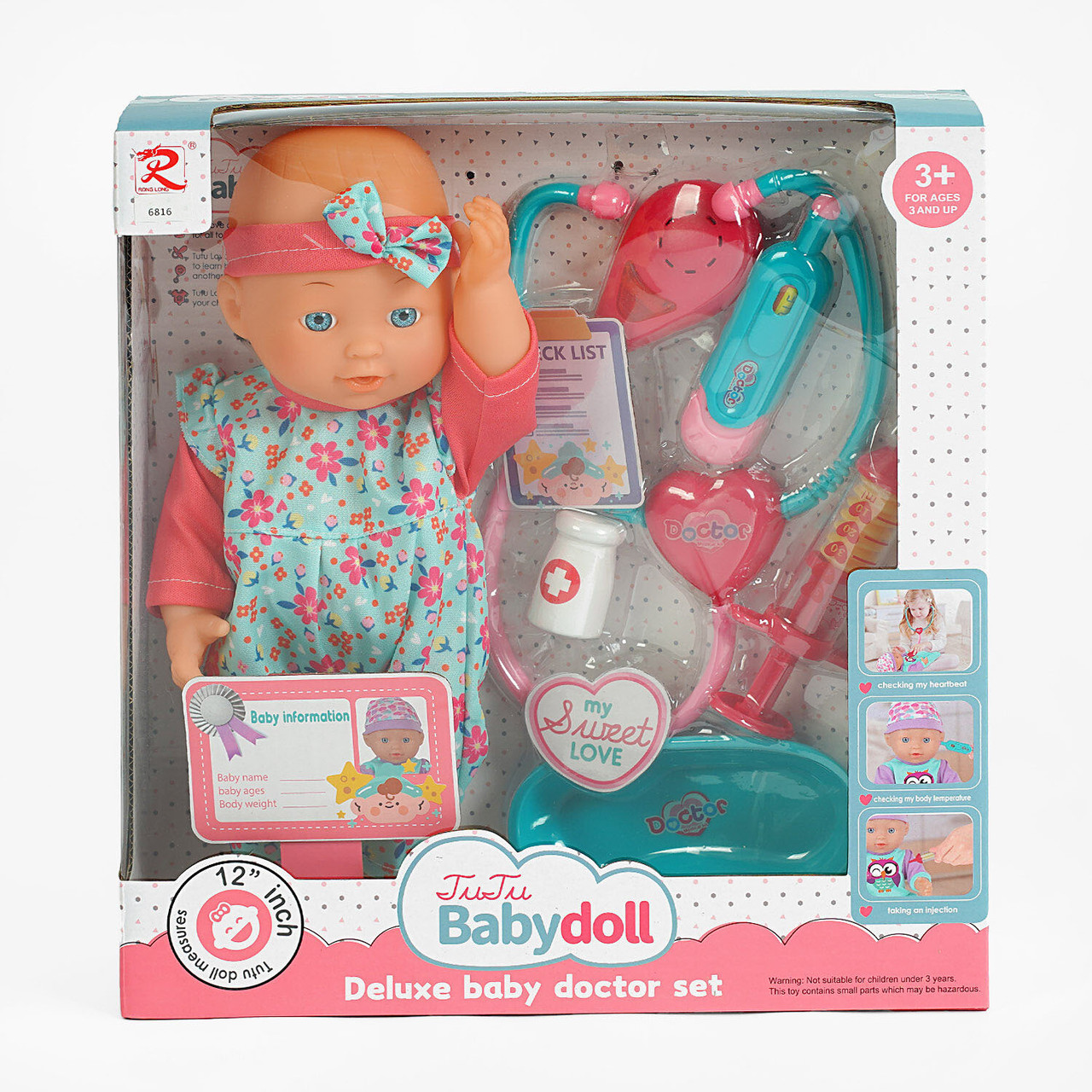 Пупс функціональний з набором лікаря (закриває очі, стетоскоп, аксесуари) 6816