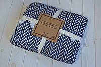 Плед бавовняний з бахромою Charlotte 200×230 Зигзаг темно-синій