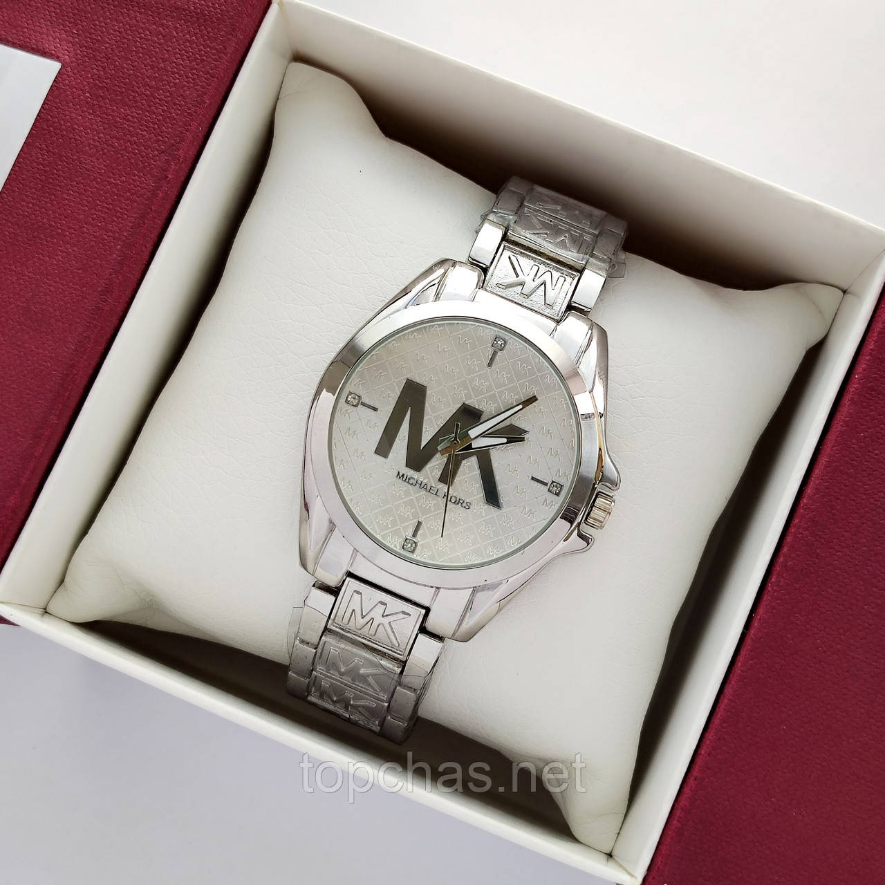 Жіночий наручний годинник Michael Kors (майкл корс) сріблястого кольору, з логотипом на браслеті - код 2462b